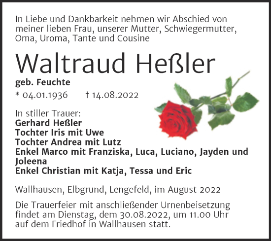 Traueranzeige von Waltraud Heßler von Trauerkombi Sangerhausen