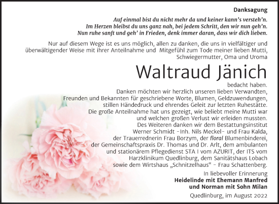 Traueranzeige von Waltraud Jänich von Trauerkombi Quedlinburg