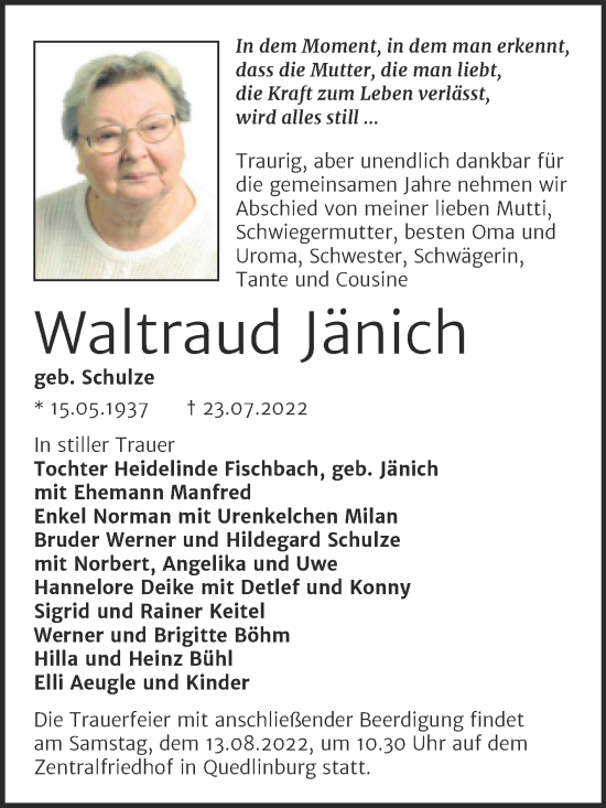 Traueranzeige von Waltraud Jänich von Trauerkombi Quedlinburg