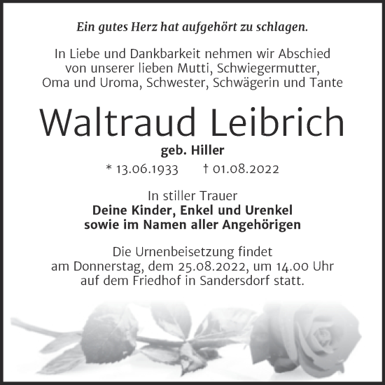 Traueranzeige von Waltraud Leibrich von Trauerkombi Bitterfeld