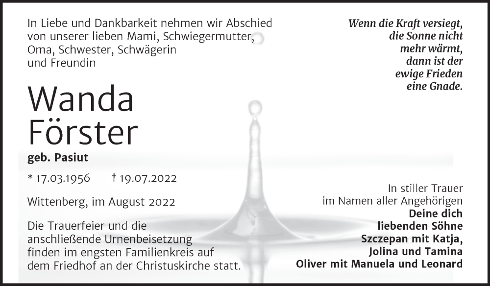  Traueranzeige für Wanda Förster vom 06.08.2022 aus Trauerkombi Wittenberg