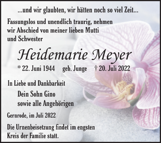 Traueranzeige von Weidemarie Meyer von Trauerkombi Quedlinburg