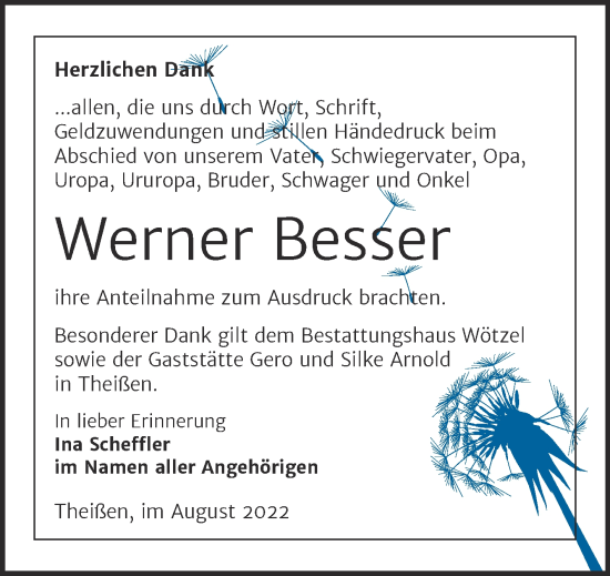 Traueranzeige von Werner Besser von Trauerkombi Zeitz