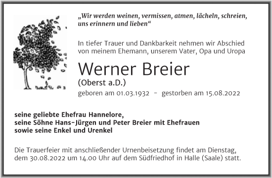 Traueranzeige von Werner Breier von Mitteldeutsche Zeitung Halle/Saalkreis