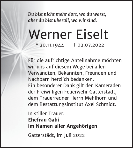 Traueranzeige von Werner Eiselt von Trauerkombi Merseburg