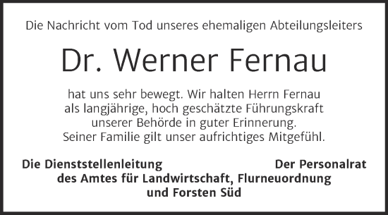 Traueranzeige von Werner Fernau von Mitteldeutsche Zeitung Weißenfels