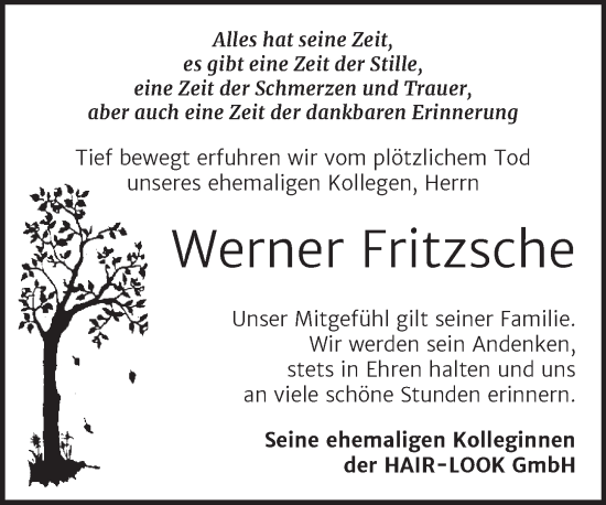 Traueranzeige von Werner Fritzsche von Wochenspiegel Weißenfels