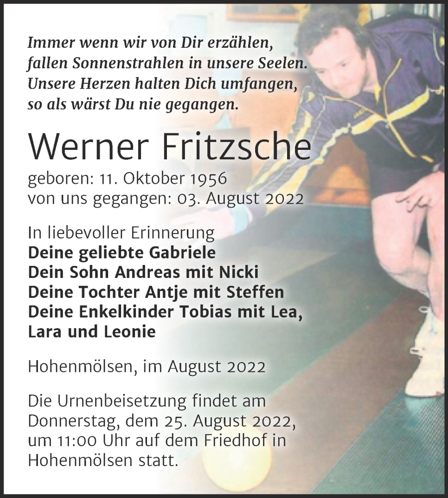  Traueranzeige für Werner Fritzsche vom 13.08.2022 aus Trauerkombi Weißenfels