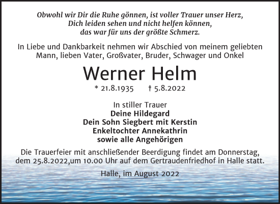 Traueranzeige von Werner Helm von Mitteldeutsche Zeitung Weißenfels