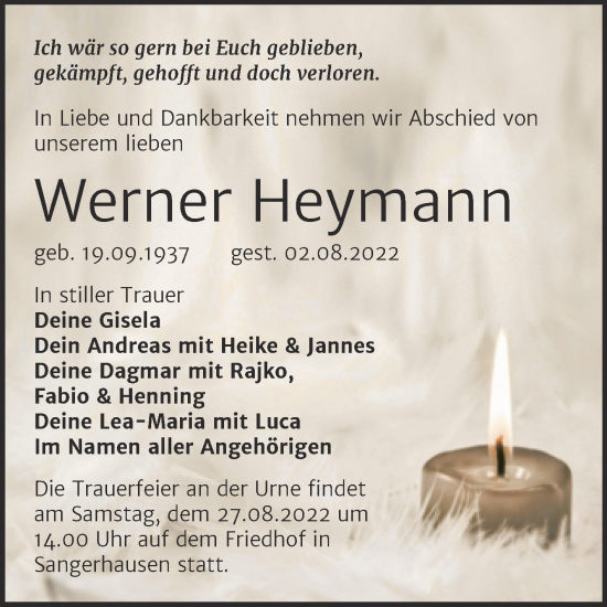 Traueranzeige von Werner Heymann von Mitteldeutsche Zeitung Sangerhausen