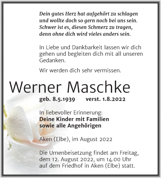 Traueranzeige von Werner Maschke von Trauerkombi Köthen