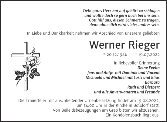 Traueranzeige von Werner Rieger von Trauerkombi Wittenberg