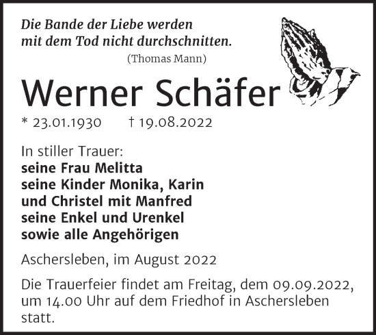 Traueranzeige von Werner Schäfer von Trauerkombi Aschersleben