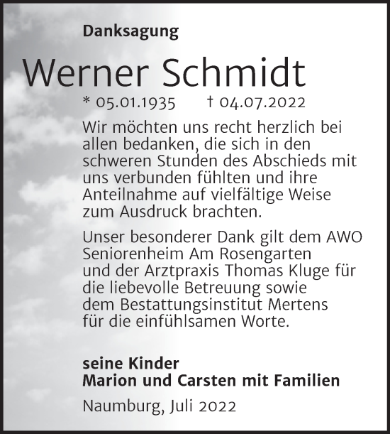 Traueranzeige von Werner Schmidt von Wochenspiegel Naumburg/Nebra