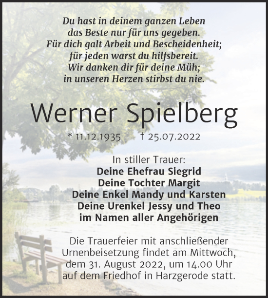 Traueranzeige von Werner Spielberg von Trauerkombi Quedlinburg