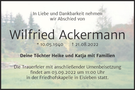 Traueranzeige von Wilfried Ackermann von Trauerkombi Mansfelder Land