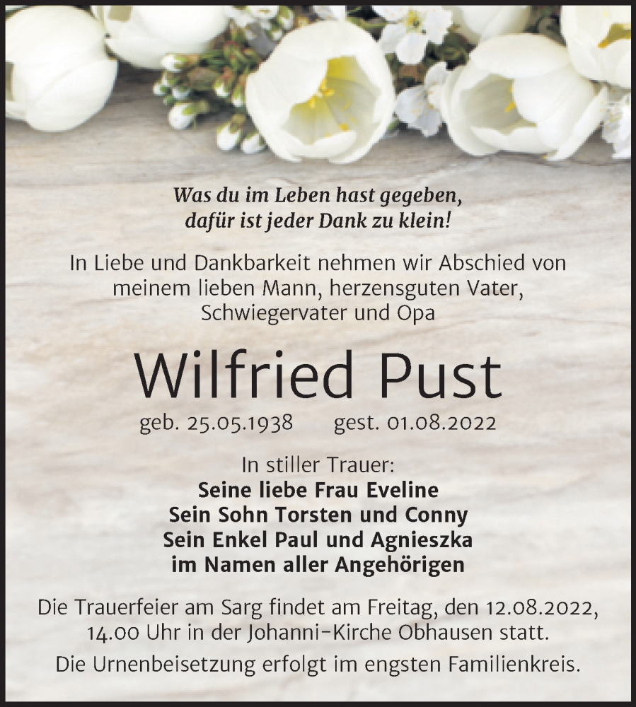  Traueranzeige für Wilfried Pust vom 06.08.2022 aus Trauerkombi Merseburg