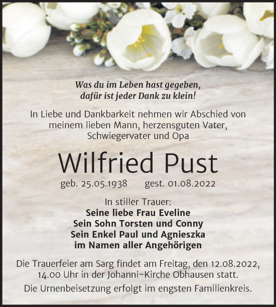 Traueranzeige von Wilfried Pust von Trauerkombi Merseburg