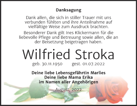 Traueranzeige von Wilfried Stroka von Trauerkombi Bitterfeld