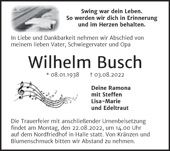 Traueranzeige von Wilhelm Busch von Mitteldeutsche Zeitung Halle/Saalkreis