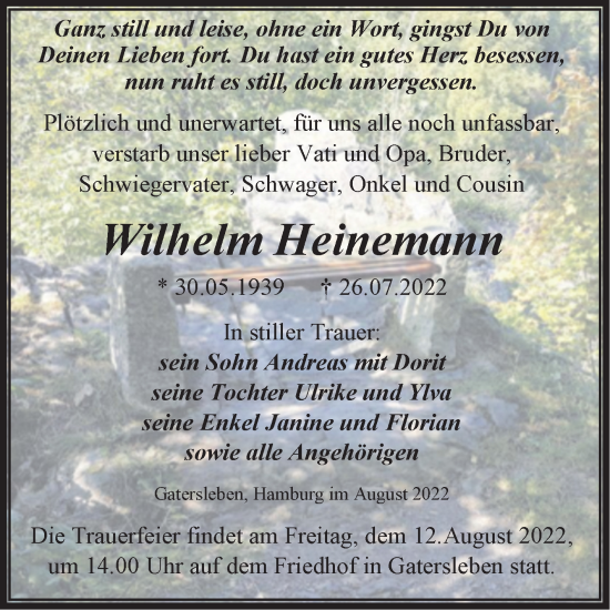 Traueranzeige von Wilhelm Heinemann von Trauerkombi Aschersleben