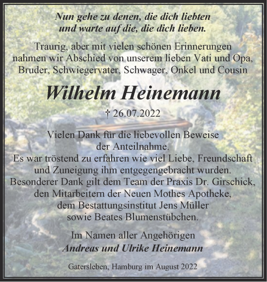 Traueranzeige von Wilhelm Heinemann von Trauerkombi Aschersleben