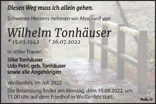 Traueranzeige von Wilhelm Tonhäuser von Trauerkombi Weißenfels