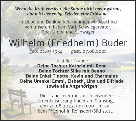 Traueranzeige von Wilhelm Friedhelm Buder von Trauerkombi Wittenberg