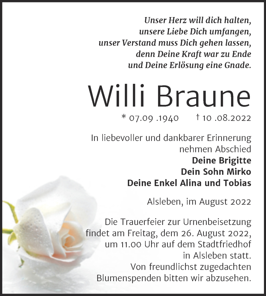  Traueranzeige für Willi Braune vom 19.08.2022 aus Trauerkombi Bernburg