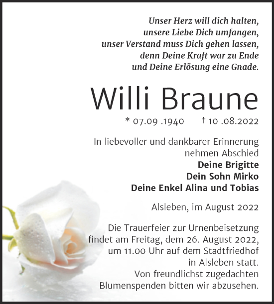 Traueranzeige von Willi Braune von Trauerkombi Bernburg