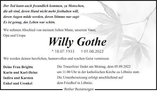 Traueranzeige von Willy Gothe von Mitteldeutsche Zeitung