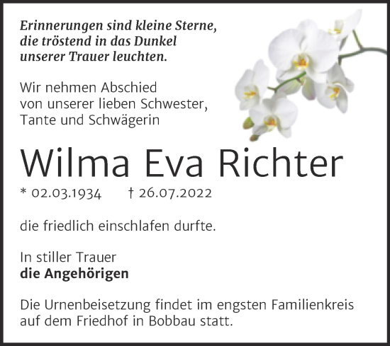 Traueranzeige von Wilma Eva Richter von Trauerkombi Bitterfeld