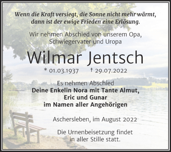 Traueranzeige von Wilmar Jentsch von Trauerkombi Aschersleben