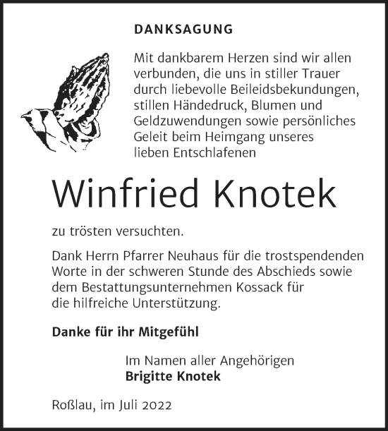 Traueranzeige von Winfried Knotek von Trauerkombi Dessau