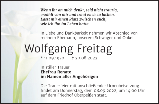 Traueranzeige von Wolfgang Freitag von Trauerkombi Bernburg