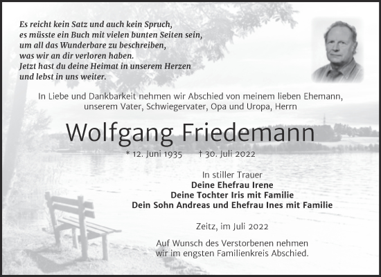Traueranzeige von Wolfgang Friedemann von Trauerkombi Zeitz