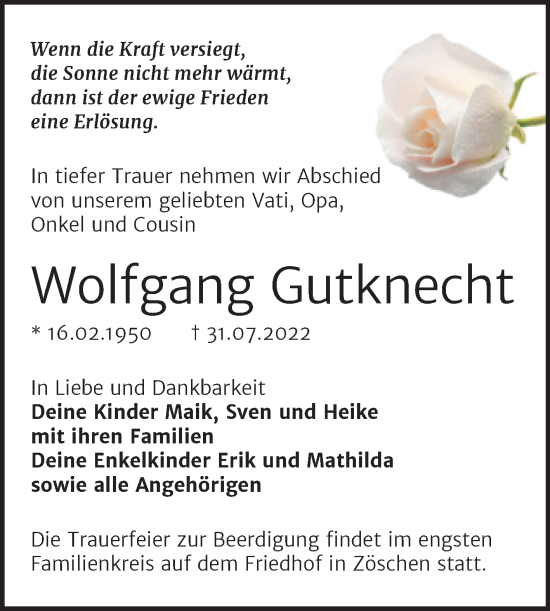 Traueranzeige von Wolfgang Gutknecht von Trauerkombi Merseburg