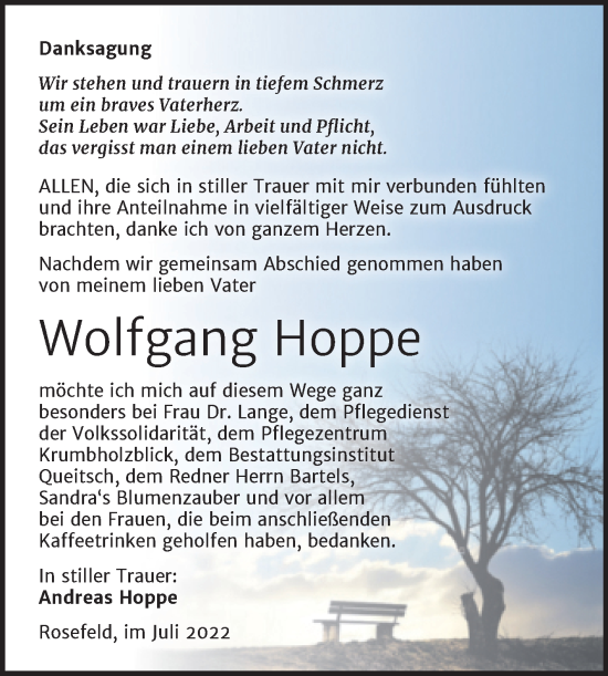 Traueranzeige von Wolfgang Hoppe von Trauerkombi Köthen