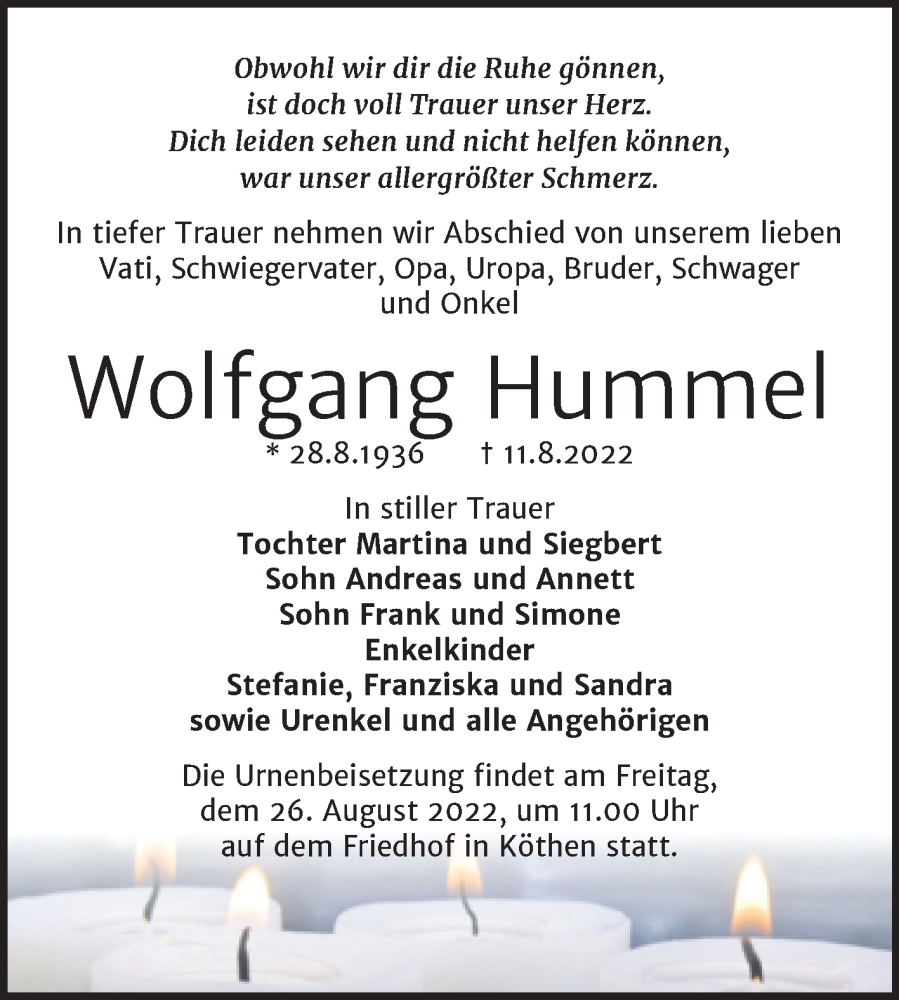  Traueranzeige für Wolfgang Hummel vom 17.08.2022 aus Trauerkombi Köthen