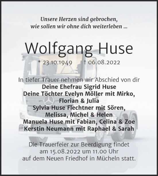 Traueranzeige von Wolfgang Huse von Trauerkombi Merseburg