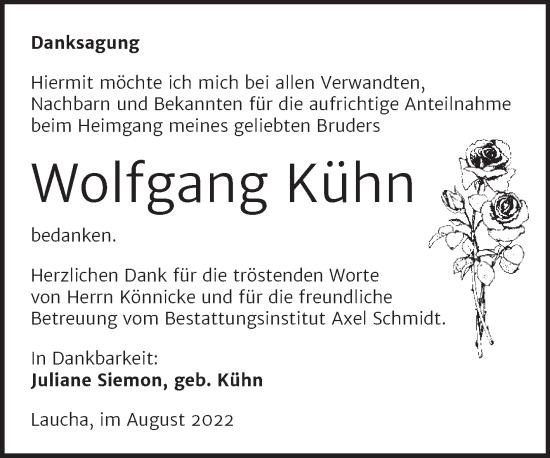 Traueranzeige von Wolfgang Kühn von Wochenspiegel Naumburg/Nebra