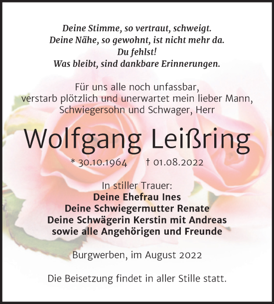 Traueranzeige von Wolfgang Leißring von Trauerkombi Weißenfels