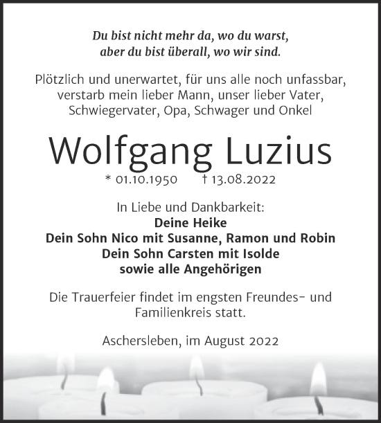 Traueranzeige von Wolfgang Luzius von Super Sonntag Aschersleben