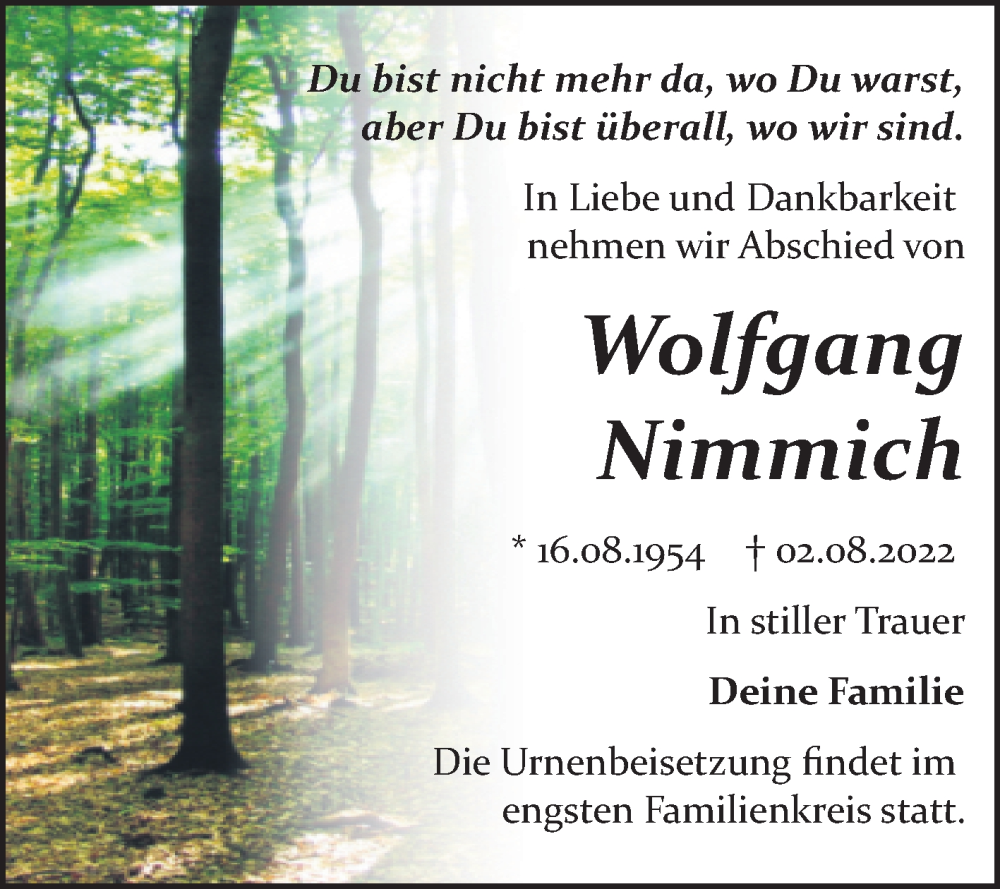 Traueranzeige für Wolfgang Nimmich vom 06.08.2022 aus Trauerkombi Bitterfeld