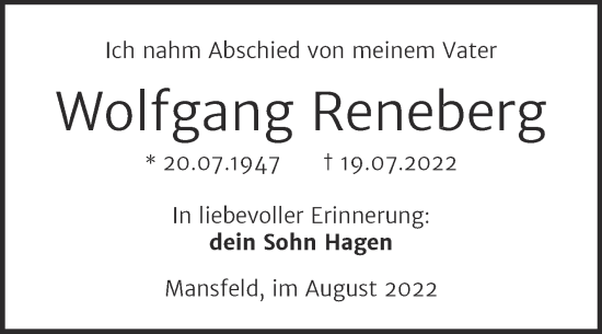 Traueranzeige von Wolfgang Reneberg von Trauerkombi Mansfelder Land