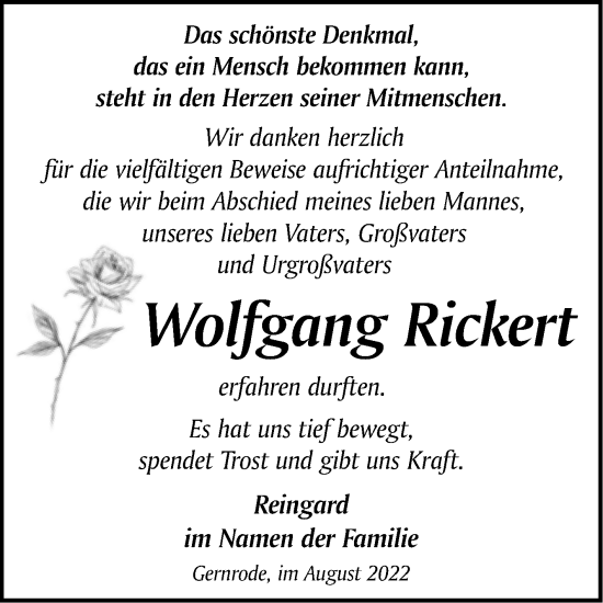 Traueranzeige von Wolfgang Ricken von Trauerkombi Quedlinburg