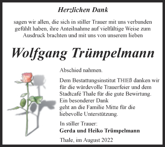 Traueranzeige von Wolfgang Trümpelmann von Trauerkombi Quedlinburg