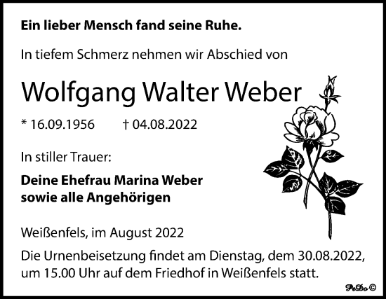 Traueranzeige von Wolfgang Walter Weber von Trauerkombi Weißenfels