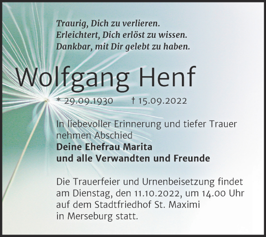 Traueranzeige von Wolfgang Henf von Trauerkombi Merseburg