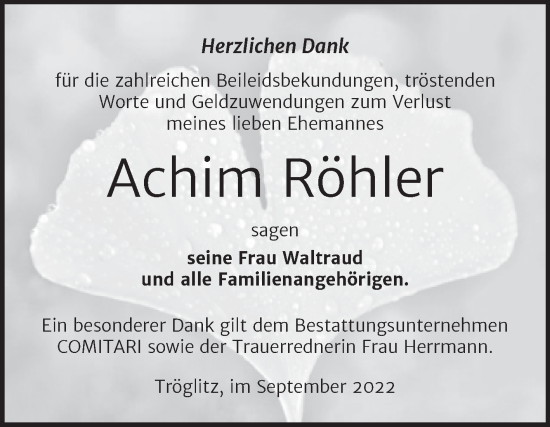 Traueranzeige von Achim Röhler von Trauerkombi Zeitz